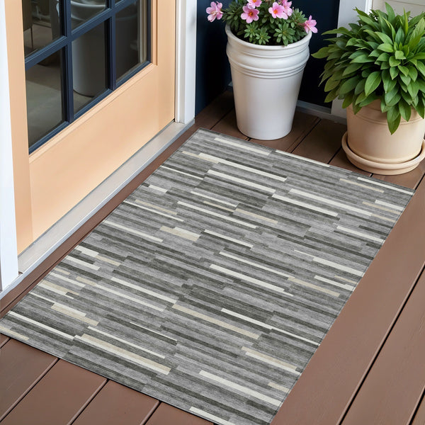 Homeroots 3' Brown And Ivory Striped Washable Area Rug - Stylish Comfort For Indoor And Outdoor Spaces 3' X 5' Polyester 593108
