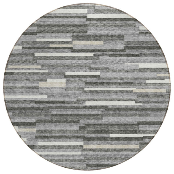 HomeRoots 5' Gray and Ivory Striped Area Rug – Stylish, Washable, Durable for Indoor and Outdoor Spaces! 8' Round 593110