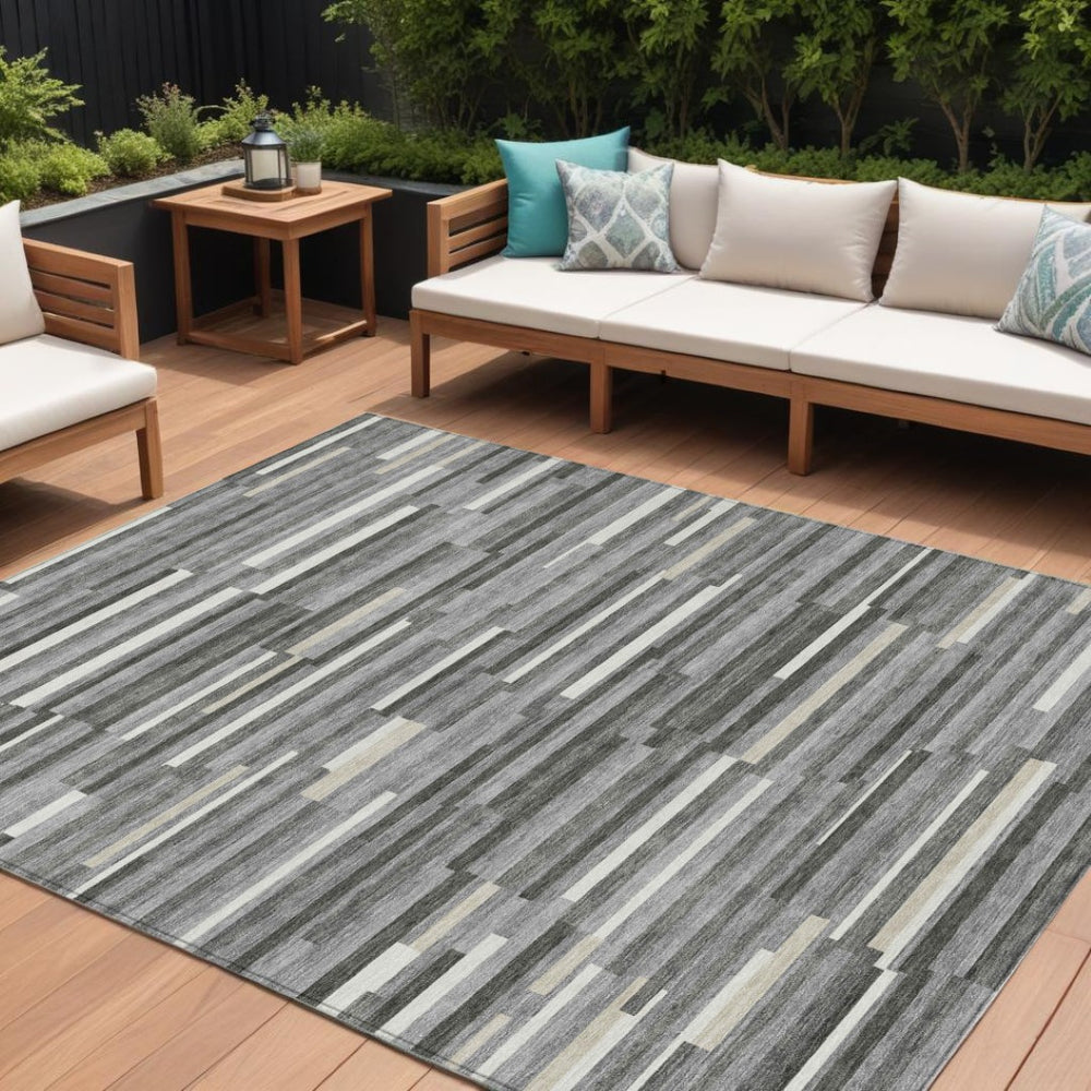 HomeRoots 9' Gray and Ivory Striped Area Rug - Washable, Durable, Versatile for Indoor and Outdoor Spaces 9' X 12' 593112