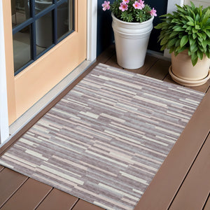 Homeroots 3' Brown And Ivory Striped Washable Area Rug - Stylish Comfort For Indoor And Outdoor Spaces 3' X 5' Polyester 593114