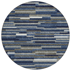 HomeRoots 5' Versatile Navy Blue, Gray, and Ivory Striped Indoor-Outdoor Area Rug for Timeless Coastal Charm 8' Round 593122
