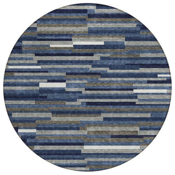 HomeRoots 5' Versatile Navy Blue, Gray, and Ivory Striped Indoor-Outdoor Area Rug for Timeless Coastal Charm 8' Round 593122