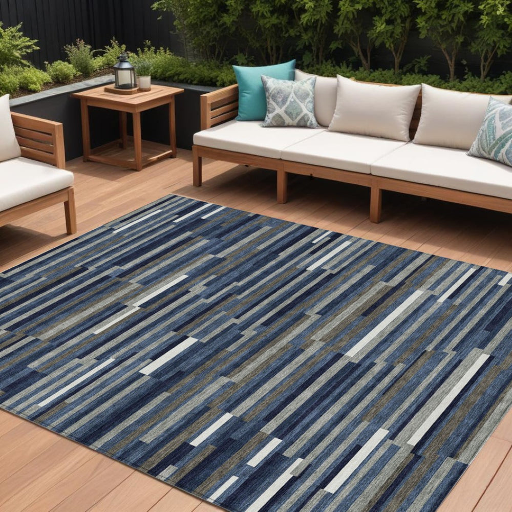 HomeRoots 5' Versatile Navy Blue, Gray, and Ivory Striped Indoor-Outdoor Area Rug for Timeless Coastal Charm 10' X 14' 593125