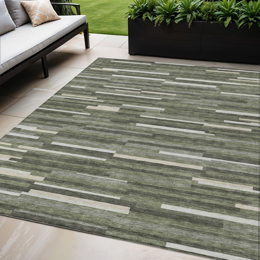 HomeRoots 5' Olive Green, Gray, and Ivory Striped Indoor-Outdoor Area Rug for Stylish, Easy Care Living Spaces 5' X 8' 593127