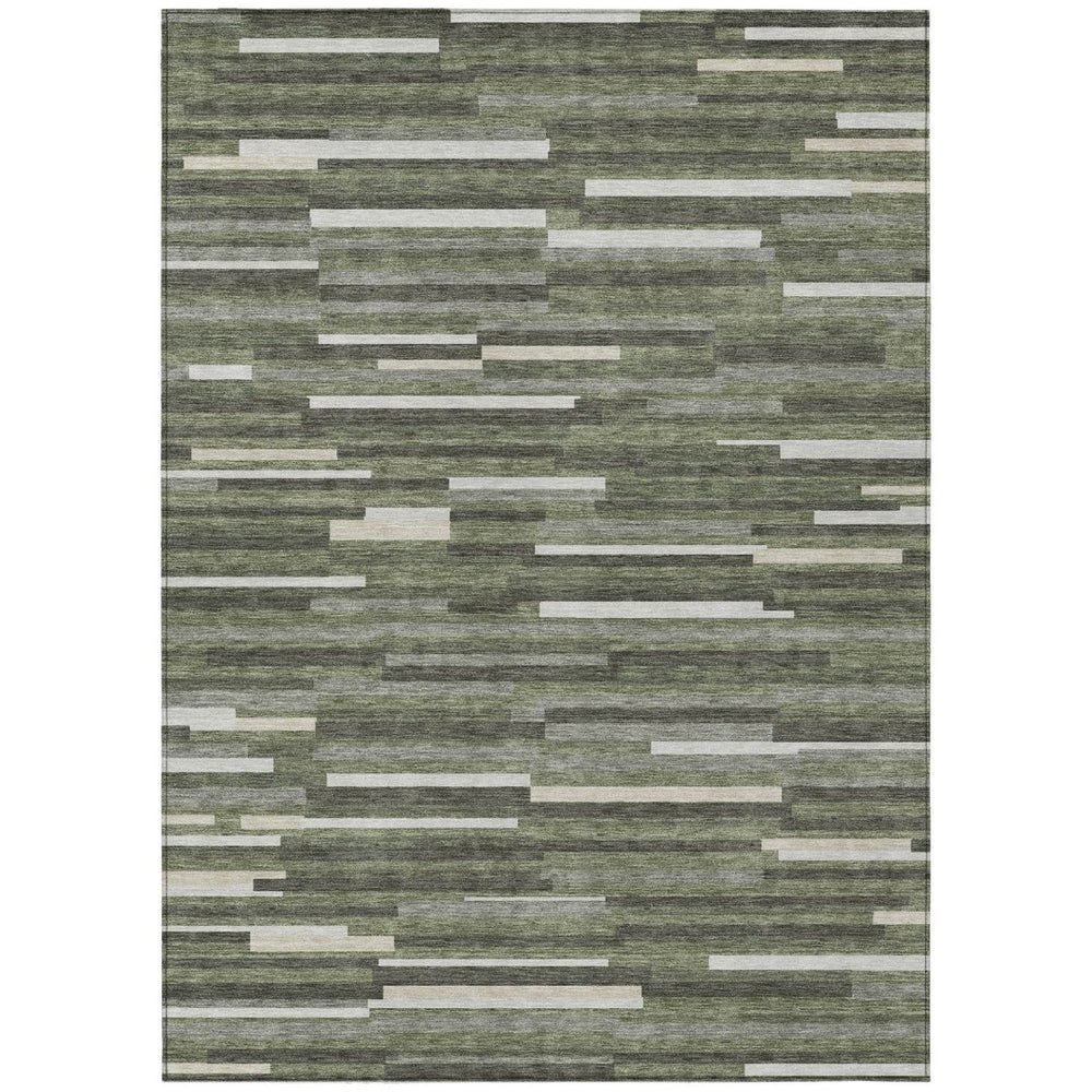 HomeRoots 5' Olive Green, Gray, and Ivory Striped Indoor-Outdoor Area Rug for Stylish, Easy Care Living Spaces 5' X 8' 593127