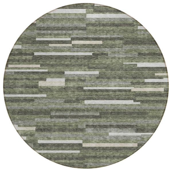 HomeRoots 5' Olive Green, Gray, and Ivory Striped Indoor-Outdoor Area Rug for Stylish, Easy Care Living Spaces 8' Round 593128