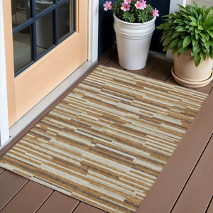 Homeroots 3' Brown And Ivory Striped Washable Area Rug - Stylish Comfort For Indoor And Outdoor Spaces 3' X 5' Polyester 593132