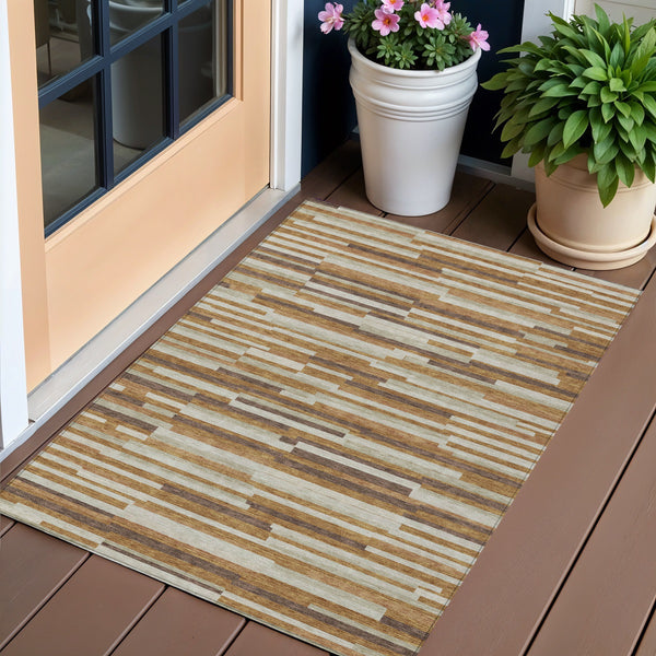 Homeroots 3' Brown And Ivory Striped Washable Area Rug - Stylish Comfort For Indoor And Outdoor Spaces 3' X 5' Polyester 593132