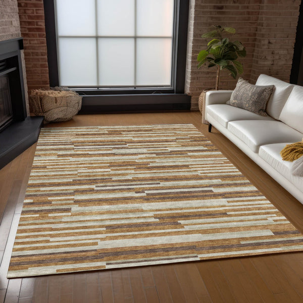 Homeroots 3' Brown And Ivory Striped Washable Area Rug - Stylish Comfort For Indoor And Outdoor Spaces 3' X 5' Polyester 593132
