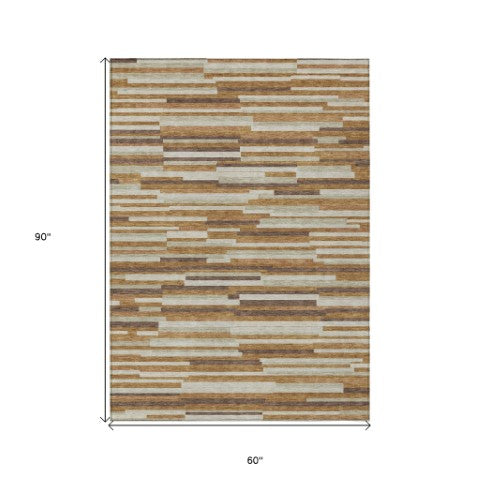 Homeroots 3' Brown And Ivory Striped Washable Area Rug - Stylish Comfort For Indoor And Outdoor Spaces 5' X 8' Polyester 593133
