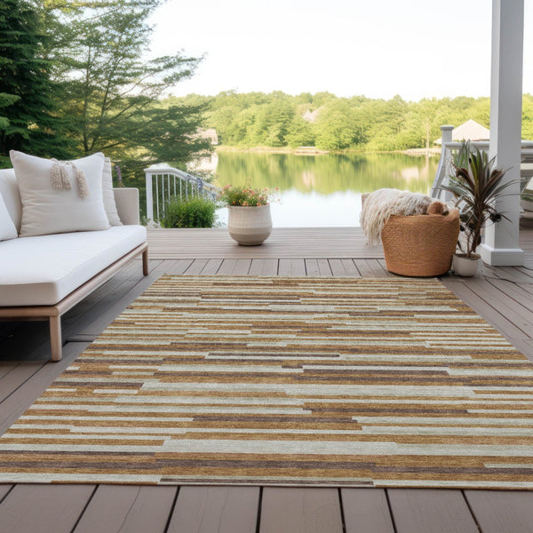 Homeroots 3' Brown And Ivory Striped Washable Area Rug - Stylish Comfort For Indoor And Outdoor Spaces 5' X 8' Polyester 593133