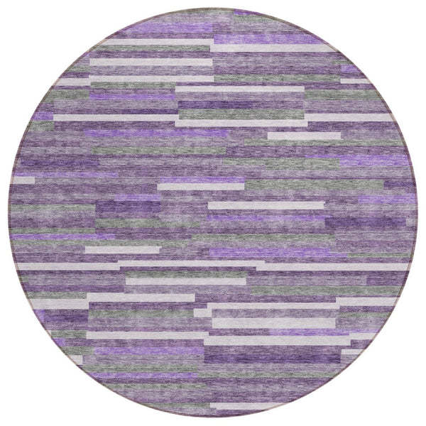 HomeRoots 5' Bold Purple and Gray Striped Washable Area Rug for Indoor and Outdoor Spaces - Durable & Stylish 8' Round 593140