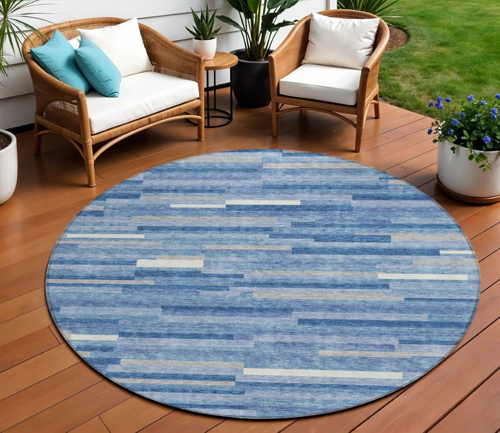 HomeRoots 5' Sky Blue, Gray, and Ivory Striped Washable Area Rug for Durable Indoor & Outdoor Style 8' Round 593146