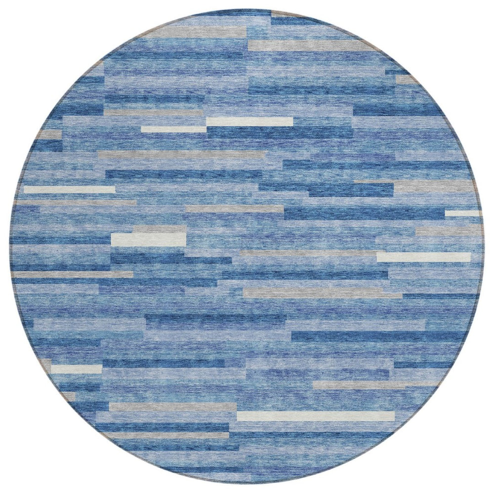 HomeRoots 5' Sky Blue, Gray, and Ivory Striped Washable Area Rug for Durable Indoor & Outdoor Style 8' Round 593146