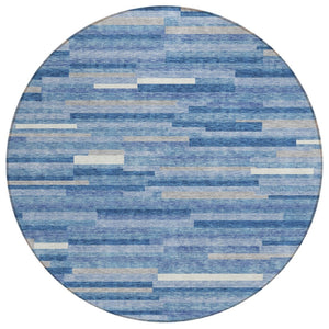 HomeRoots 5' Sky Blue, Gray, and Ivory Striped Washable Area Rug for Durable Indoor & Outdoor Style 8' Round 593146