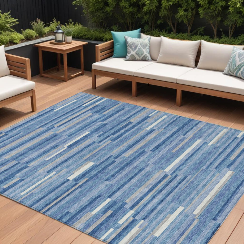 HomeRoots 9' Coastal-Inspired Washable Indoor Outdoor Area Rug in Sky Blue, Gray & Ivory Stripes for Versatility 9' X 12' 593148