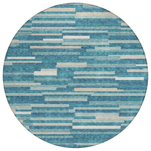 HomeRoots 5' Durable Teal Blue and Ivory Striped Washable Area Rug for Indoor and Outdoor Spaces Decor 8' Round 593158