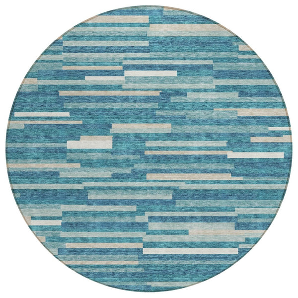 HomeRoots 5' Durable Teal Blue and Ivory Striped Washable Area Rug for Indoor and Outdoor Spaces Decor 8' Round 593158