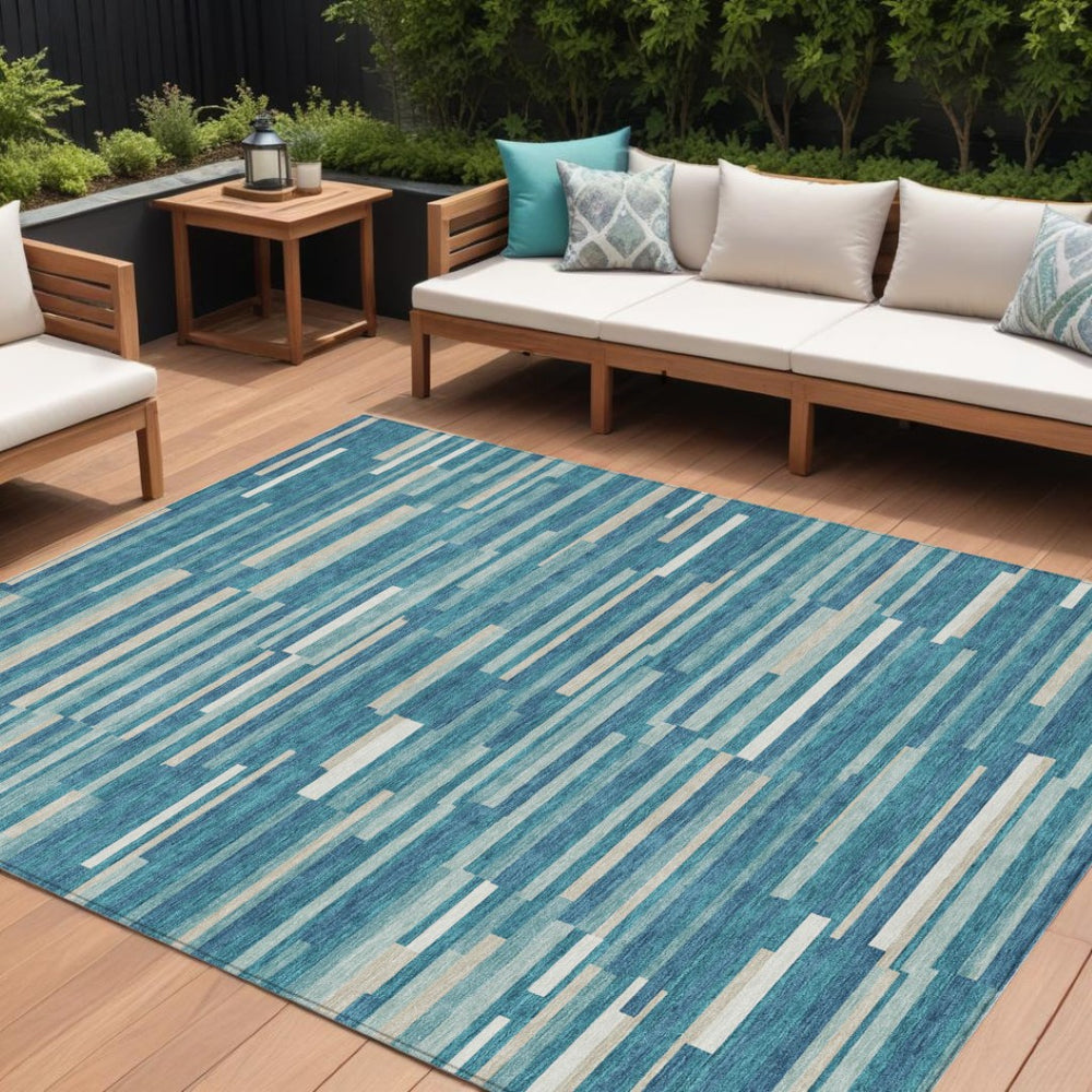 HomeRoots 9' Durable Teal Blue and Ivory Striped Indoor Outdoor Area Rug for Stylish Living Spaces and Easy Care 9' X 12' 593160