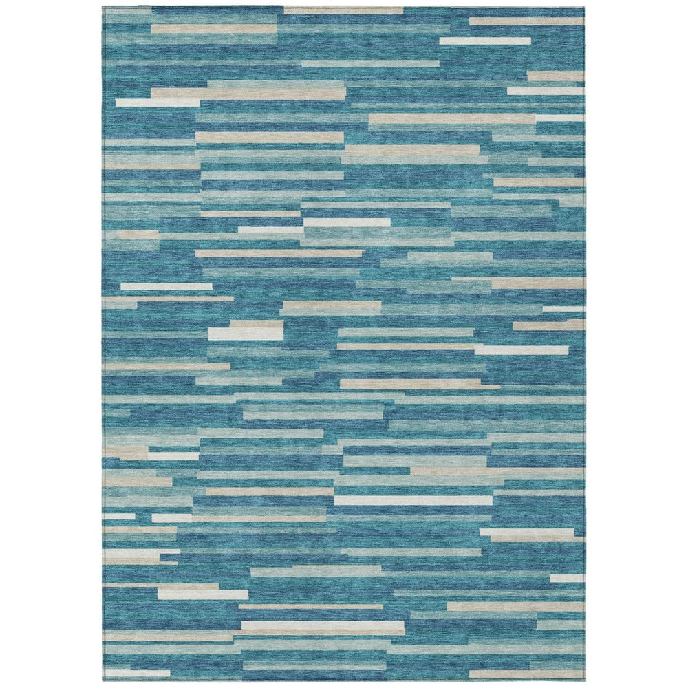 HomeRoots 9' Durable Teal Blue and Ivory Striped Indoor Outdoor Area Rug for Stylish Living Spaces and Easy Care 9' X 12' 593160