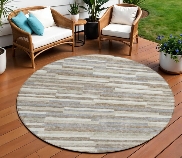 Homeroots 3' Brown And Ivory Striped Washable Area Rug - Stylish Comfort For Indoor And Outdoor Spaces 8' Round Polyester 593164