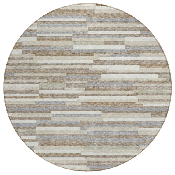 HomeRoots 5' Timeless Taupe Gray and Ivory Striped Washable Area Rug for Indoor and Outdoor Spaces 8' Round 593164