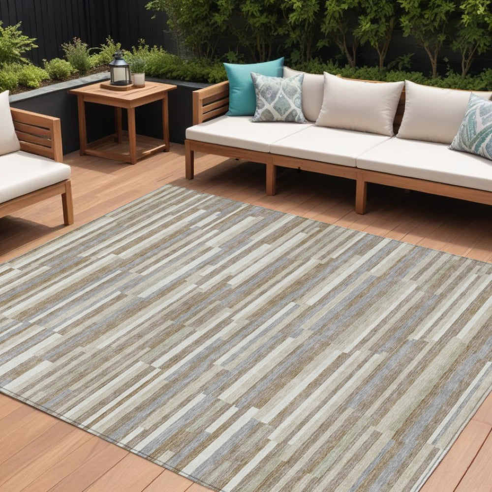 HomeRoots 5' Timeless Taupe Gray and Ivory Striped Washable Area Rug for Indoor and Outdoor Spaces 10' X 14' 593167