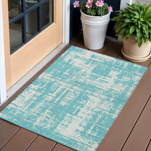Homeroots 3' Aqua And Ivory Abstract Washable Area Rug For Indoor Outdoor Spaces - Durable And Stylish Design 3' X 5' Polyester 593168