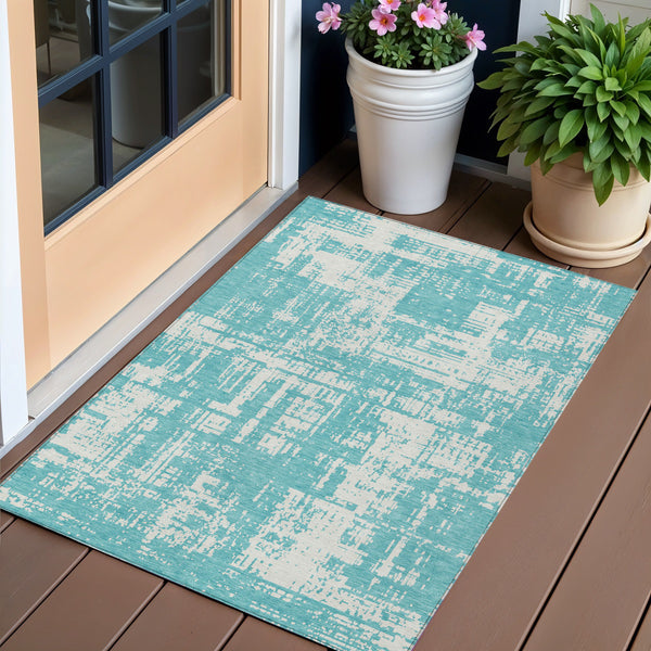 Homeroots 3' Aqua And Ivory Abstract Washable Area Rug For Indoor Outdoor Spaces - Durable And Stylish Design 3' X 5' Polyester 593168