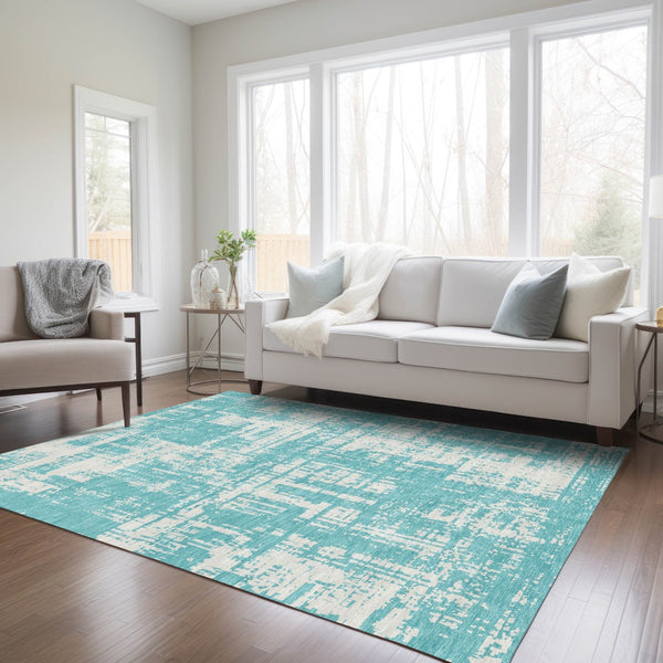 Homeroots 3' Aqua And Ivory Abstract Washable Area Rug For Indoor Outdoor Spaces - Durable And Stylish Design 3' X 5' Polyester 593168