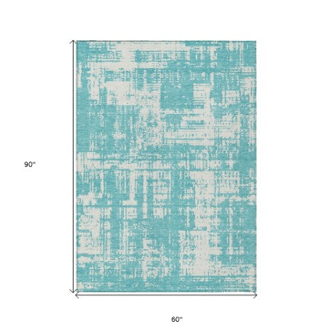Homeroots 3' Aqua And Ivory Abstract Washable Area Rug For Indoor Outdoor Spaces - Durable And Stylish Design 5' X 8' Polyester 593169