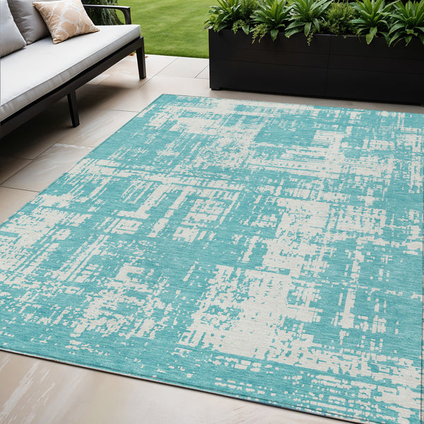 Homeroots 3' Aqua And Ivory Abstract Washable Area Rug For Indoor Outdoor Spaces - Durable And Stylish Design 5' X 8' Polyester 593169