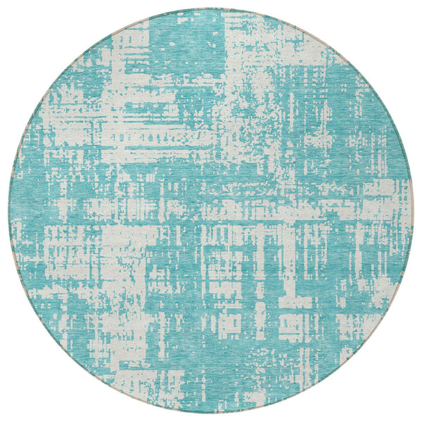 Homeroots 3' Aqua And Ivory Abstract Washable Area Rug For Indoor Outdoor Spaces - Durable And Stylish Design 8' Round Polyester 593170