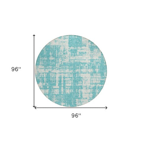 Homeroots 3' Aqua And Ivory Abstract Washable Area Rug For Indoor Outdoor Spaces - Durable And Stylish Design 8' Round Polyester 593170