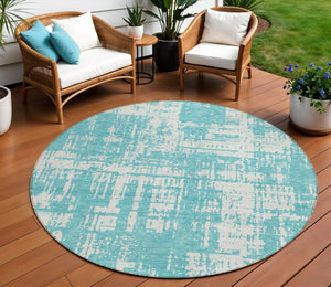 Homeroots 3' Aqua And Ivory Abstract Washable Area Rug For Indoor Outdoor Spaces - Durable And Stylish Design 8' Round Polyester 593170