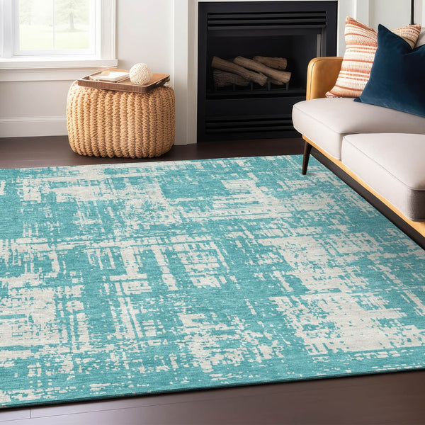 Homeroots 3' Aqua And Ivory Abstract Washable Area Rug For Indoor Outdoor Spaces - Durable And Stylish Design 8' X 10' Polyester 593171