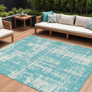 Homeroots 3' Aqua And Ivory Abstract Washable Area Rug For Indoor Outdoor Spaces - Durable And Stylish Design 9' X 12' Polyester 593172