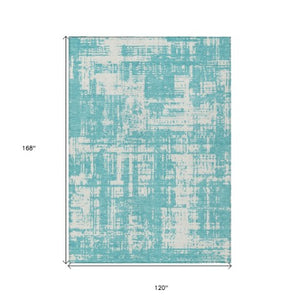 Homeroots 3' Aqua And Ivory Abstract Washable Area Rug For Indoor Outdoor Spaces - Durable And Stylish Design 10' X 14' Polyester 593173