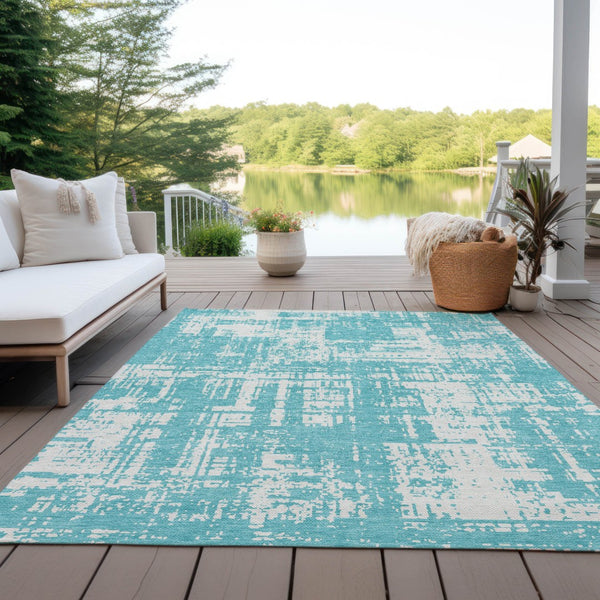 Homeroots 3' Aqua And Ivory Abstract Washable Area Rug For Indoor Outdoor Spaces - Durable And Stylish Design 10' X 14' Polyester 593173