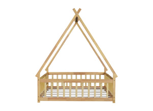 English Elm Full Size Rubber Wood Tent-Shaped Floor Bed With Guardrails & Door - Cozy, Modern Retreat For Kids W504P345788