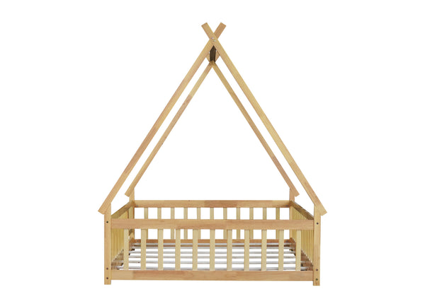 English Elm Full Size Rubber Wood Tent-Shaped Floor Bed With Guardrails & Door - Cozy, Modern Retreat For Kids W504P345788
