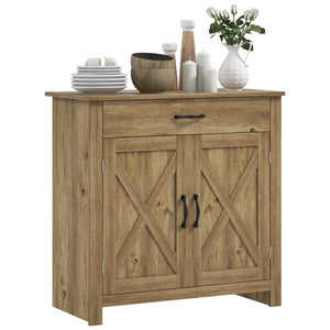 English Elm HOMCOM Rustic Farmhouse Sideboard Buffet Cabinet with Barn Doors, Drawer & Adjustable Shelves for Entryway Natural Wood W2225P229125
