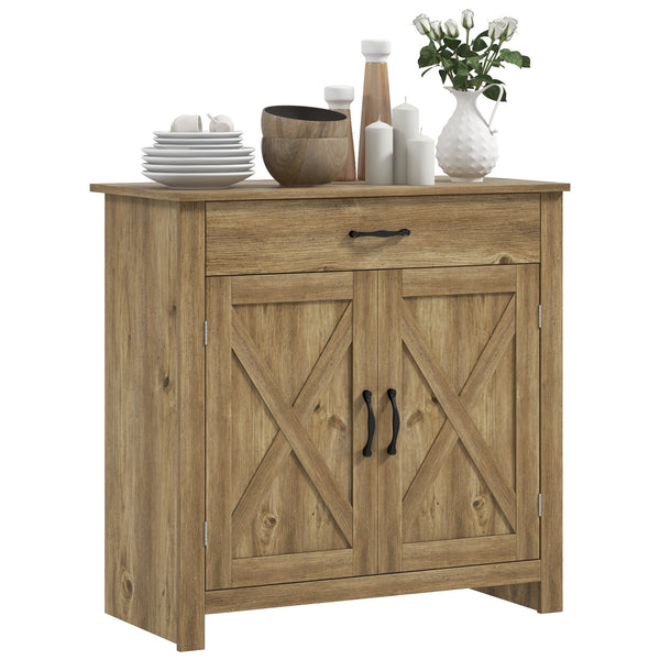 English Elm HOMCOM Rustic Farmhouse Sideboard Buffet Cabinet with Barn Doors, Drawer & Adjustable Shelves for Entryway Natural Wood W2225P229125