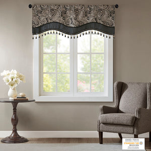 JLA Home Madison Park - Jacquard Aubrey Beaded Valance with Paisley Weave, Faux-Silk Shine, Scalloped Hem & Gold Trim Black MP41-4989