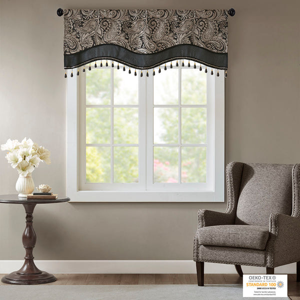 JLA Home Madison Park - Jacquard Aubrey Beaded Valance with Paisley Weave, Faux-Silk Shine, Scalloped Hem & Gold Trim Black MP41-4989