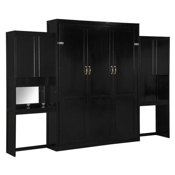 English Elm Queen Size Murphy Bed With Integrated Desk, Flip-Up Vanity & Storage Cabinets In Espresso Finish N820S10057P-GIGA