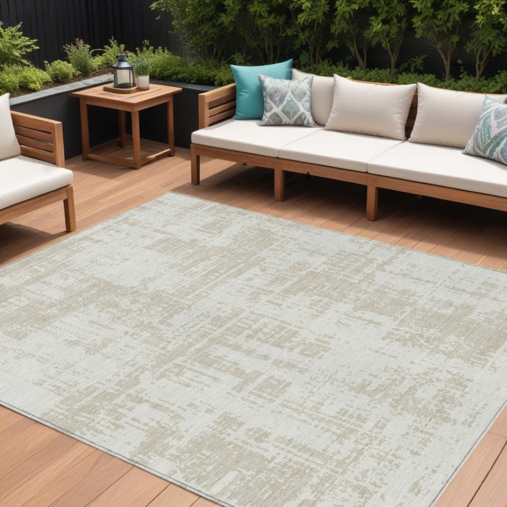HomeRoots 5' Ivory and Beige Abstract Area Rug – Durable, Washable Indoor/Outdoor Design for Any Space 10' X 14' 593209
