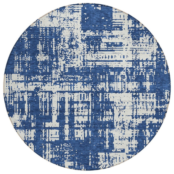 HomeRoots 5' Navy Blue and Ivory Abstract Area Rug – Durable, Washable Design for Indoor and Outdoor Spaces 8' Round 593212