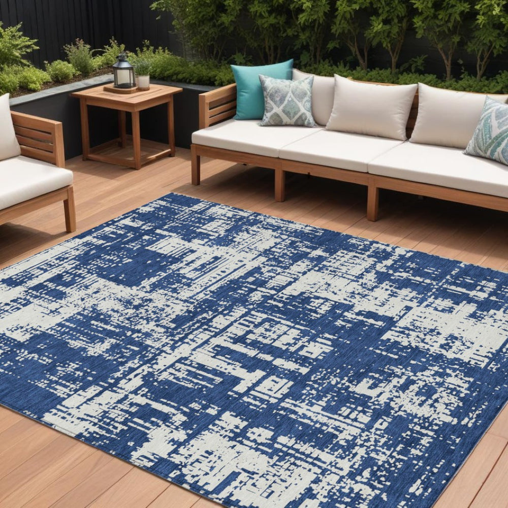 HomeRoots 5' Navy Blue and Ivory Abstract Area Rug – Durable, Washable Design for Indoor and Outdoor Spaces 8' X 10' 593213