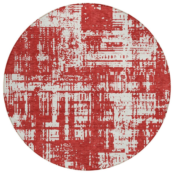 HomeRoots 5' Red And Ivory Abstract Area Rug - Durable, Stain-Resistant, Washable for Indoor and Outdoor Use 8' Round 593230